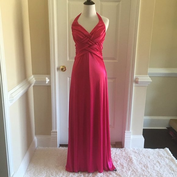 Fuchsia Pink Halter Satin Prom Dress - Picture 2 of 13